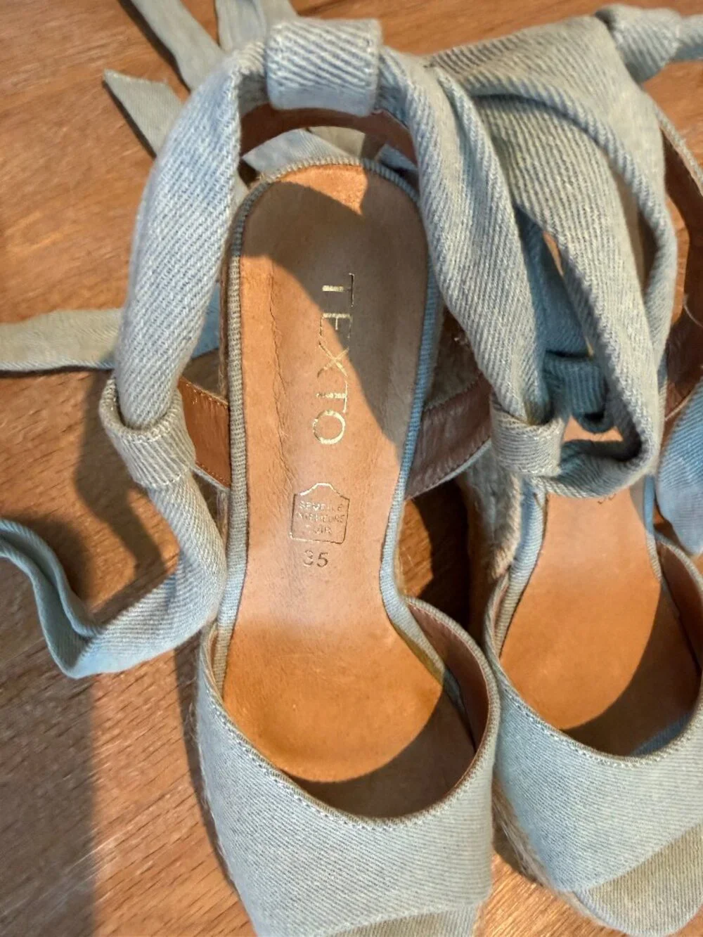 French Texto Espadrilles from the Cote d' Azure Light Blue Denim & Jute Heel 4